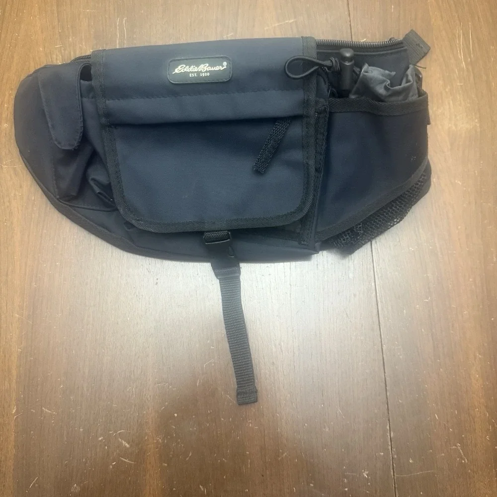 Eddie Bauer Black Waist Pack Fanny Pack Travel Hiking Multi Pocket Adjustable